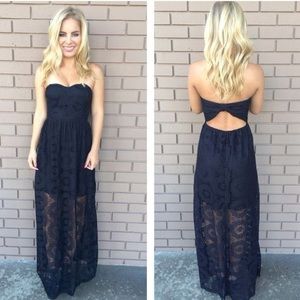 Strapless Black Lace Maxi Dress
